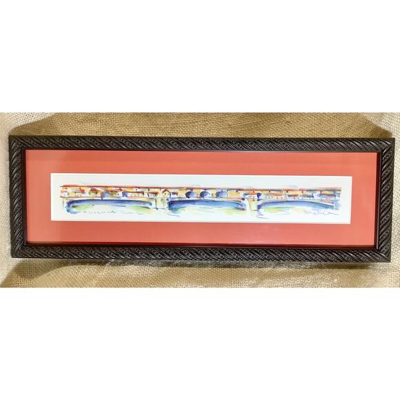 Nice small rectangle village town bridge watercolor painting signed by artist - Picture 1 of 7